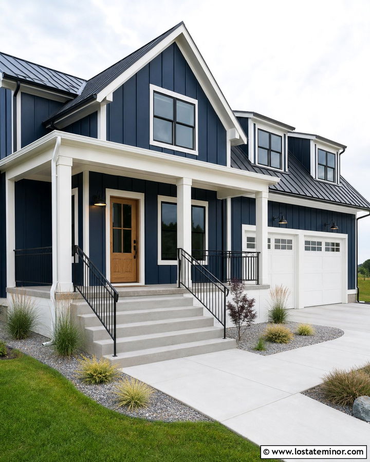 Midnight Blue Farmhouse With Concrete Steps - 30 Midnight Blue House Design With Steps Ideas