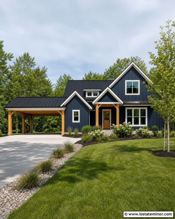 Midnight Blue Farmhouse With Metal Roof Carport - 30 Midnight Blue House Design With Carport Ideas