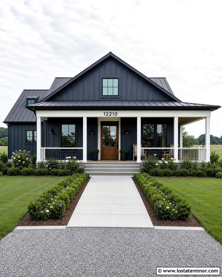 Midnight Blue Farmhouse With Porch Beam Numbers - 30 Midnight Blue House Design With House Numbers Ideas