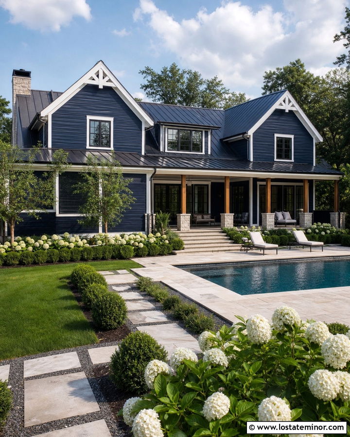 Midnight Blue Farmhouse With Rectangular Pool - 30 Midnight Blue House Design With Swimming Pool Ideas