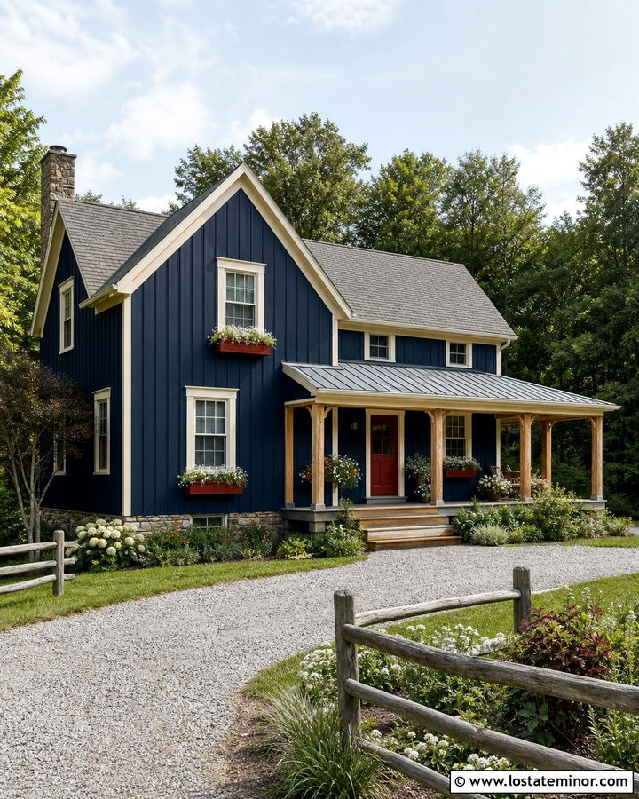 Midnight Blue Farmhouse With Red Window Boxes - 30 Midnight Blue House Design With Window Boxes Ideas