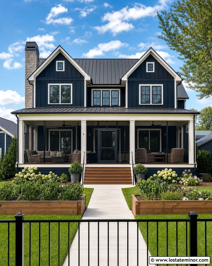 Midnight Blue Farmhouse With Screened Backyard Porch - 30 Midnight Blue House Design With Backyard Ideas
