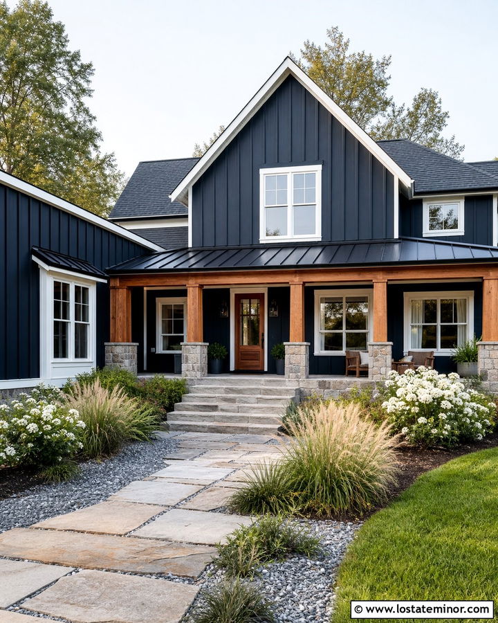 Midnight Blue Farmhouse With Stone Front Porch - 30 Midnight Blue House Design With Front Porch Ideas