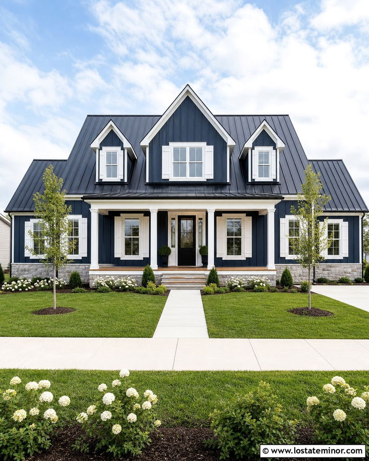 Midnight Blue Farmhouse With White Board And Batten Shutters - 30 Midnight Blue House Design With Shutters Ideas