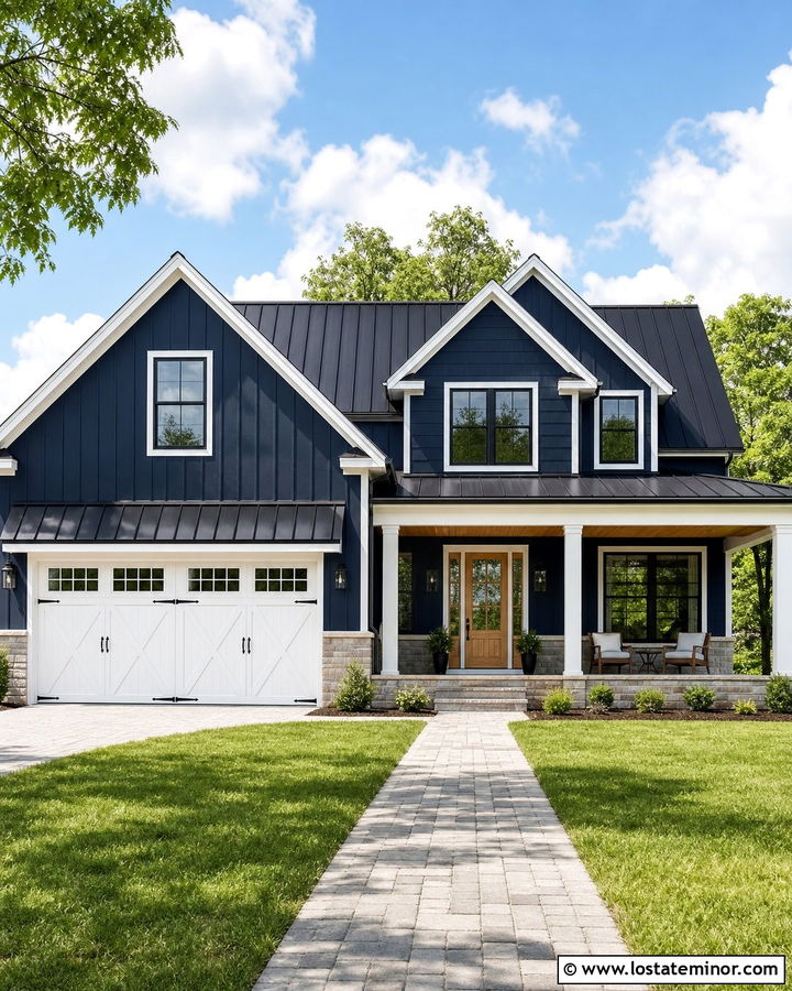Midnight Blue Farmhouse With White Garage Door - 30 Midnight Blue House Design With Garage Door Ideas