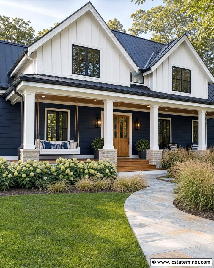 Midnight Blue Farmhouse With White Porch Daybed - 30 Midnight Blue House Design With Daybed Ideas