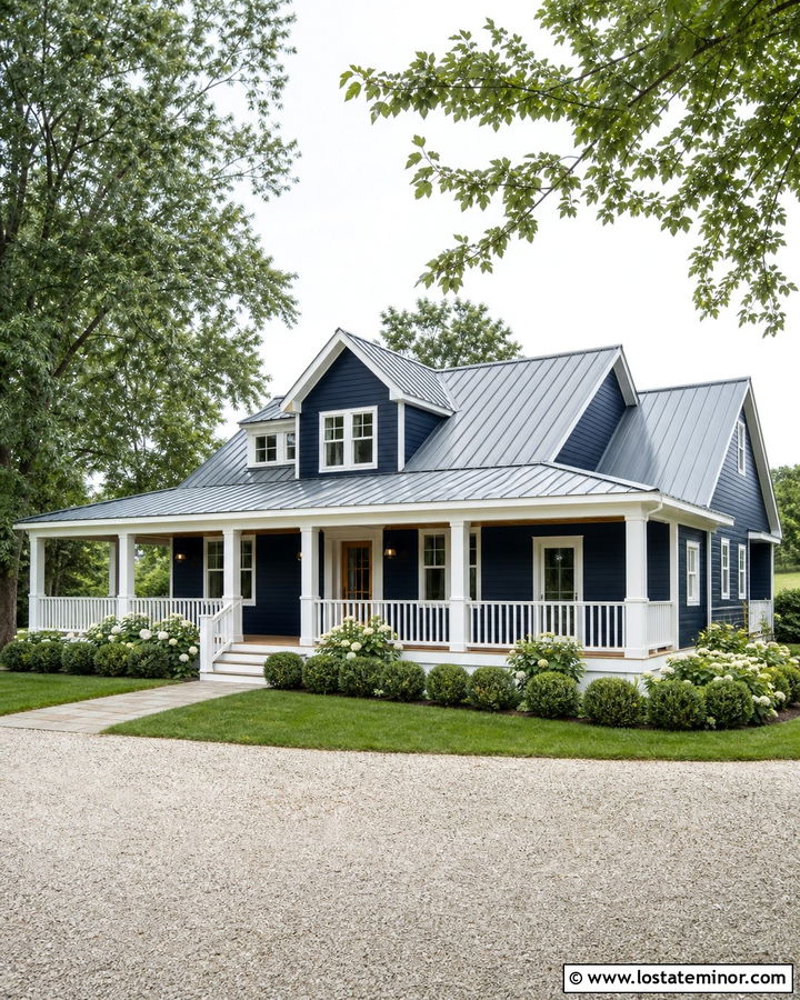 Midnight Blue Farmhouse With White Porch Railings - 30 Midnight Blue House Design With Railings Ideas