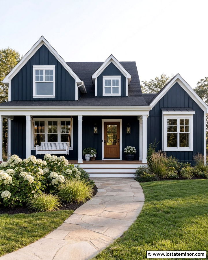 Midnight Blue Farmhouse With White Porch Swing - 30 Midnight Blue House Design With Swing Ideas