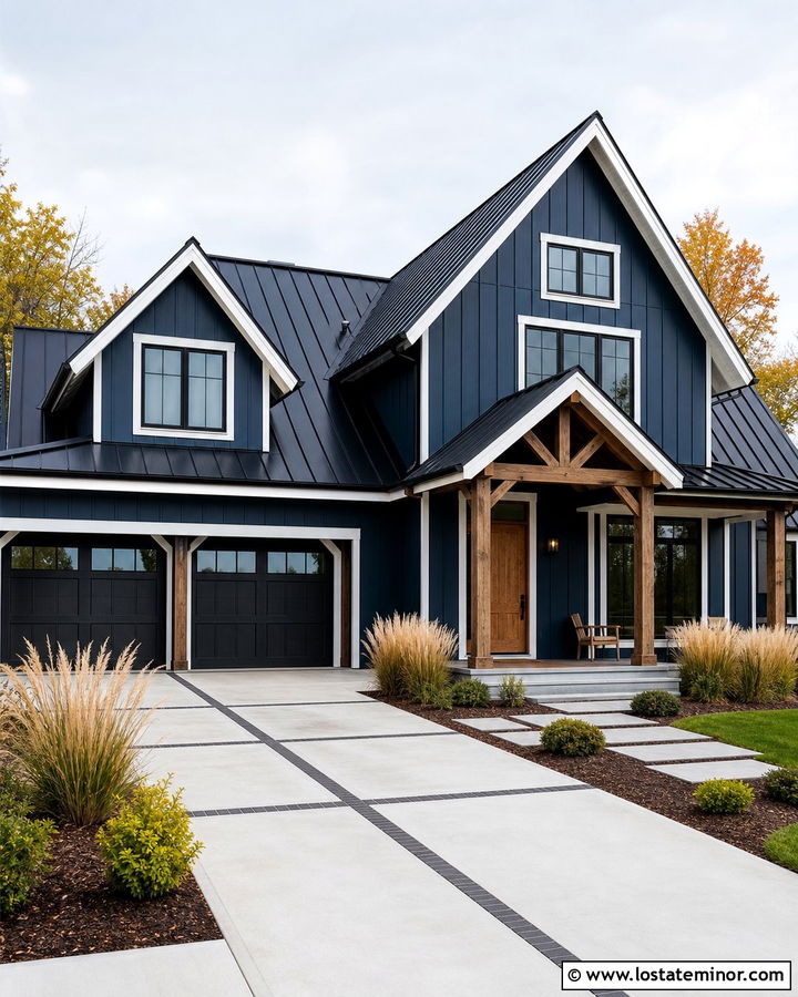 Midnight Blue Farmhouse With Wide Concrete Driveway - 30 Midnight Blue House Design With Driveway Ideas