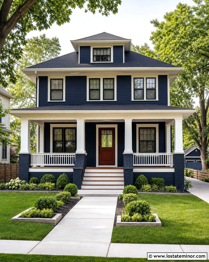 Midnight Blue Four Square With White Porch Columns - 30 Midnight Blue House Design With Porch Columns Ideas