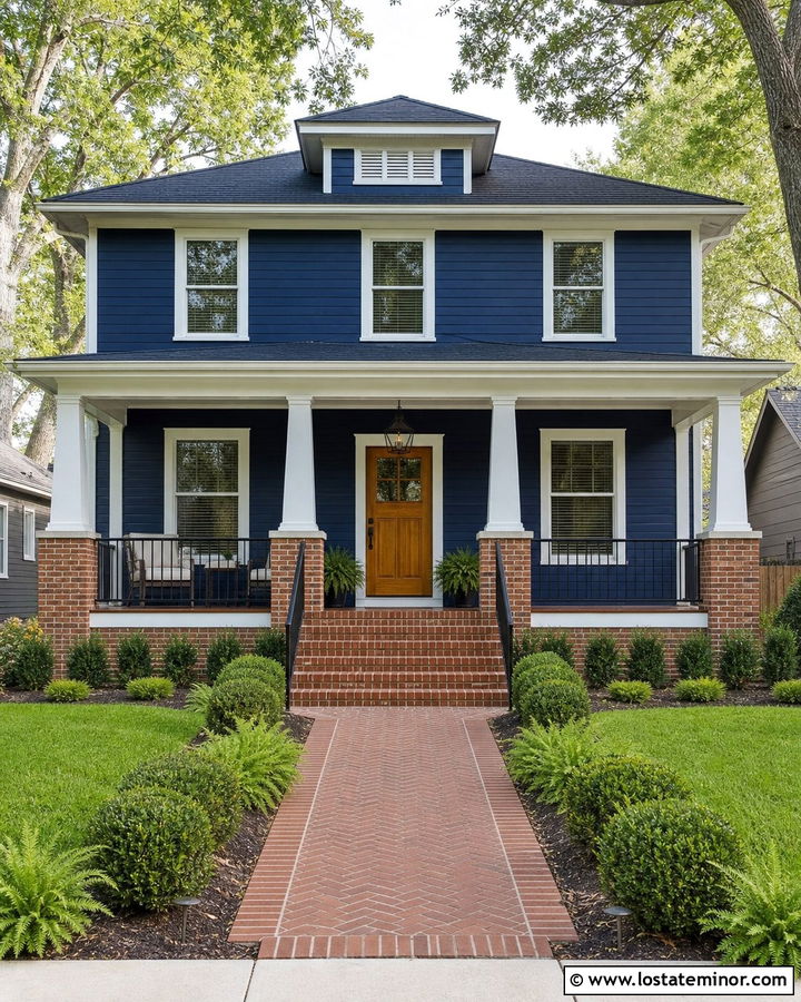 Midnight Blue Foursquare With Brick Steps - 30 Midnight Blue House Design With Steps Ideas
