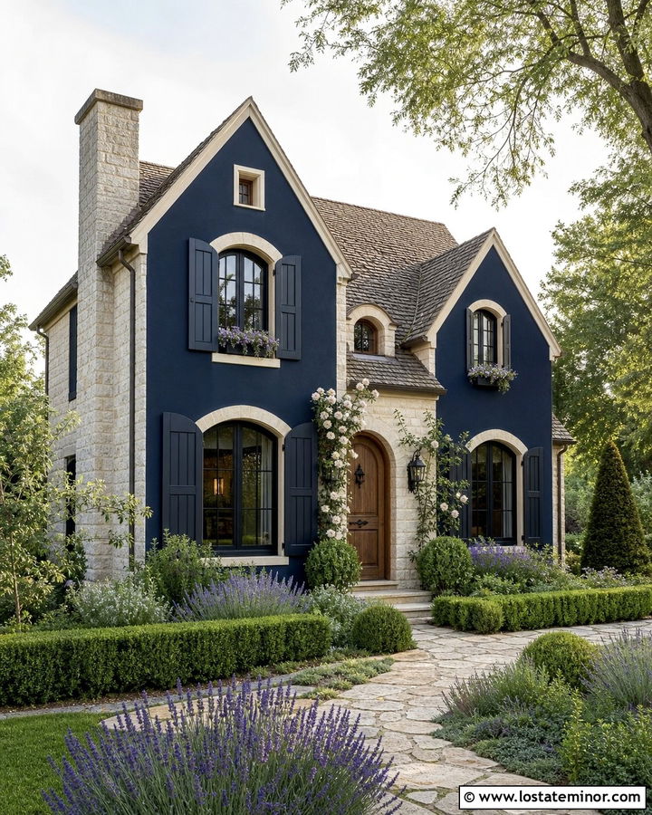 Midnight Blue French Country House With Arched Black Shutters - 30 Midnight Blue House Design With Shutters Ideas