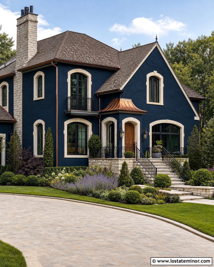 Midnight Blue French Country House With Black Railings - 30 Midnight Blue House Design With Railings Ideas