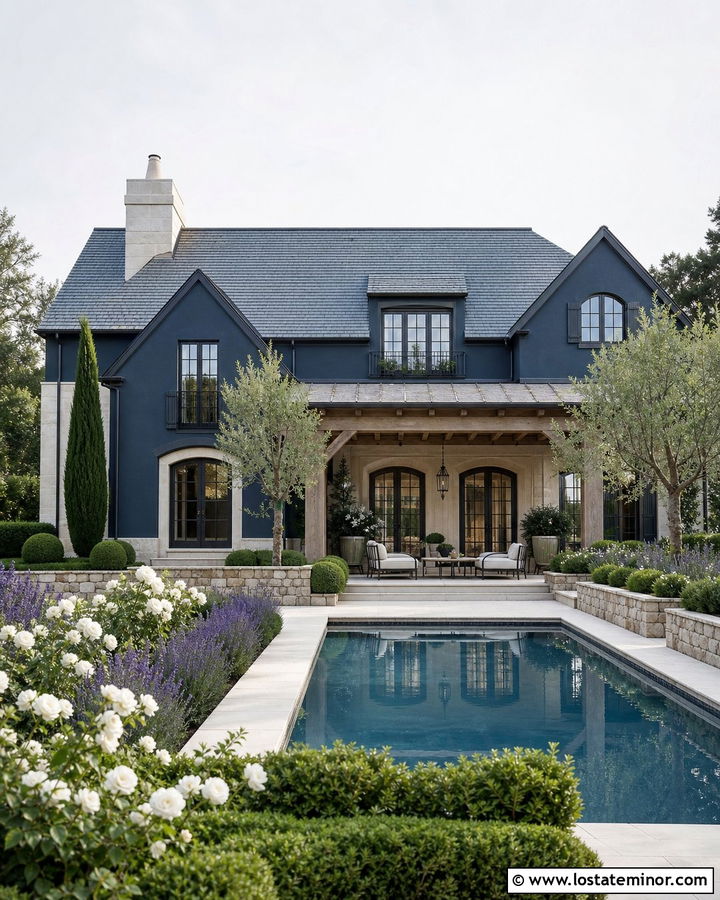 Midnight Blue French Country House With Limestone Pool - 30 Midnight Blue House Design With Swimming Pool Ideas