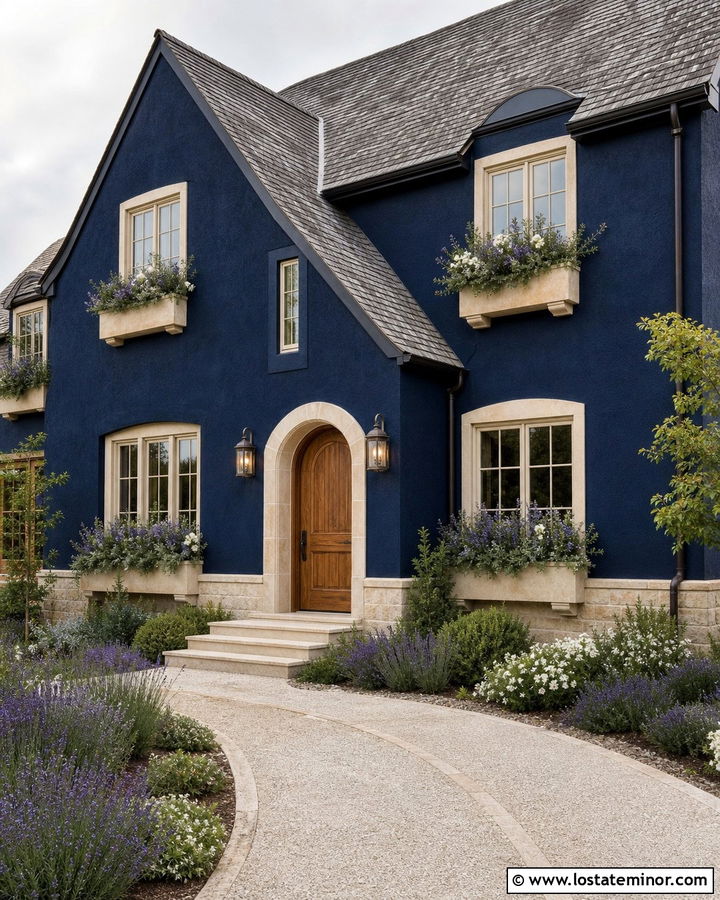 Midnight Blue French Country House With Stone Window Boxes - 30 Midnight Blue House Design With Window Boxes Ideas