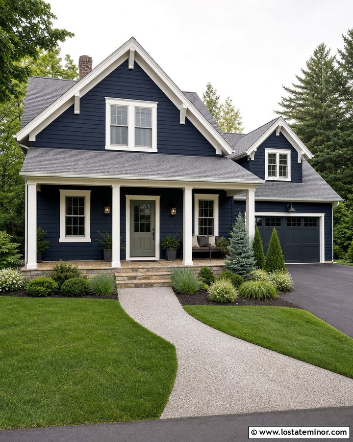 Midnight Blue Gable House With Sage Green Door - 30 Midnight Blue House Design With Gables Ideas
