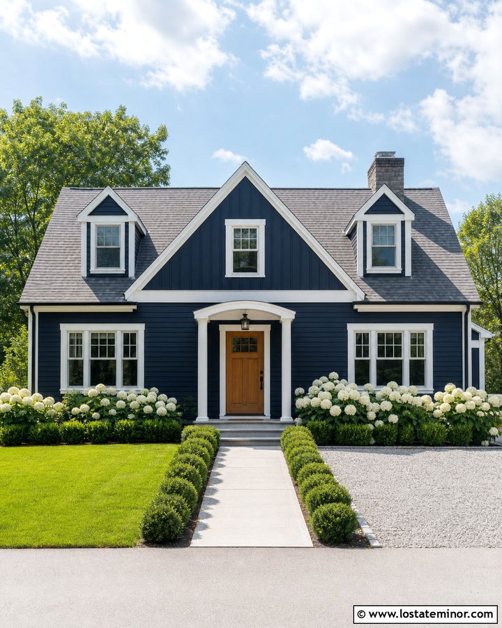 Midnight Blue Gable House With White Trim - 30 Midnight Blue House Design With Gables Ideas