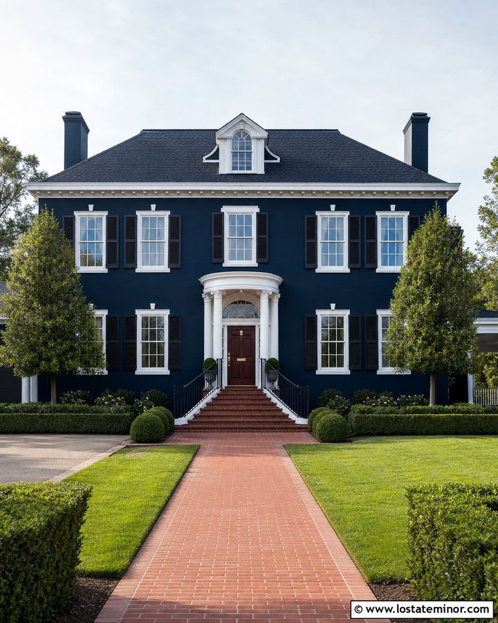 Midnight Blue Georgian House With Brick Steps And Black Railings - 30 Midnight Blue House Design With Railings Ideas