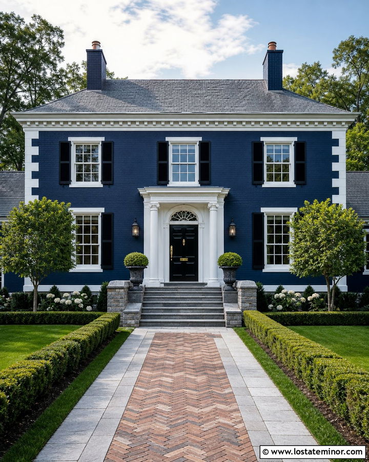 Midnight Blue Georgian House With Symmetrical Steps - 30 Midnight Blue House Design With Steps Ideas