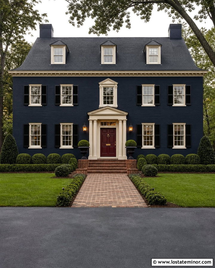 Midnight Blue Georgian With Burgundy Entry Door - 30 Midnight Blue House Design With Entry Door Ideas
