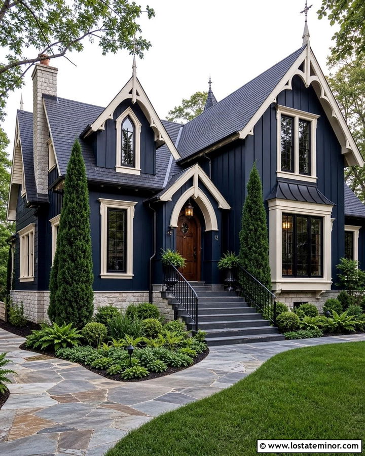 Midnight Blue Gothic Revival With Slate Steps - 30 Midnight Blue House Design With Steps Ideas