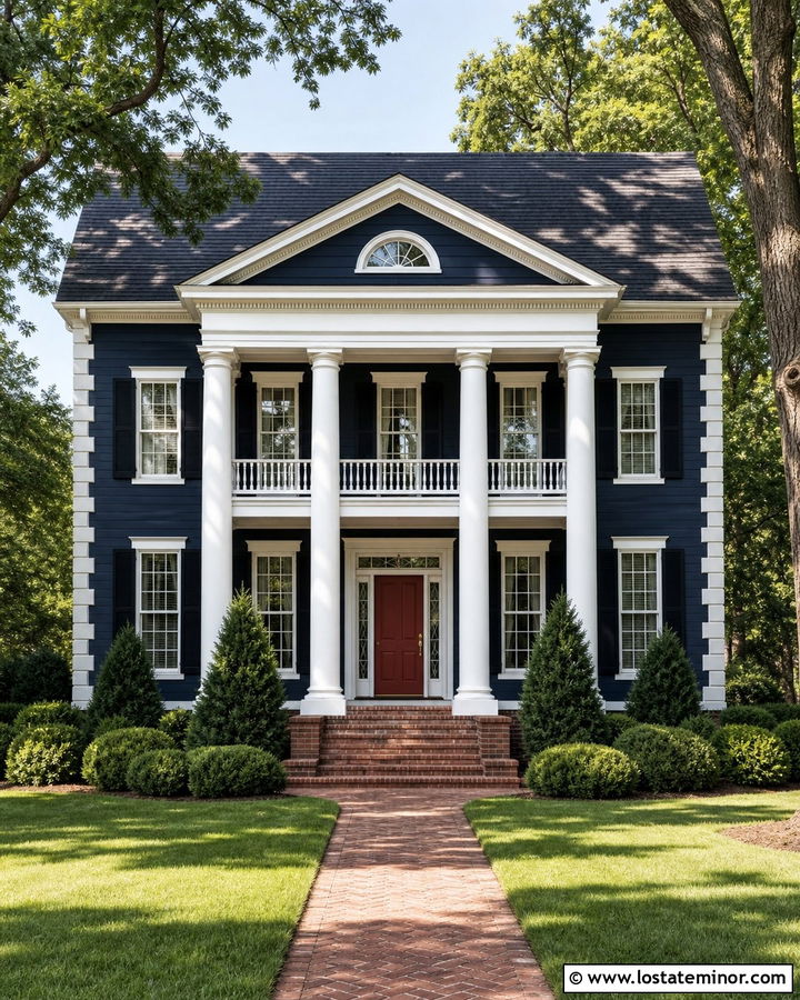 Midnight Blue Greek Revival House With Tall Portico - 30 Midnight Blue House Design With Portico Ideas
