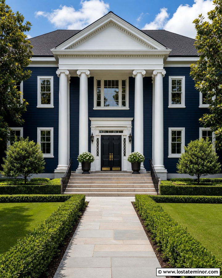 Midnight Blue Greek Revival With Pale Stone Steps - 30 Midnight Blue House Design With Steps Ideas