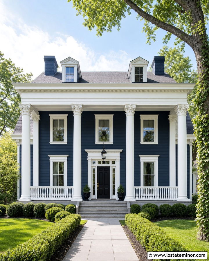 Midnight Blue Greek Revival With Tall White Porch Columns - 30 Midnight Blue House Design With Porch Columns Ideas