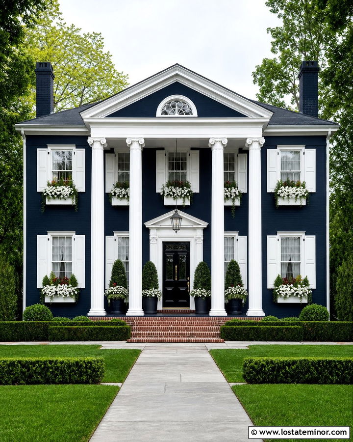 Midnight Blue Greek Revival With White Window Boxes - 30 Midnight Blue House Design With Window Boxes Ideas
