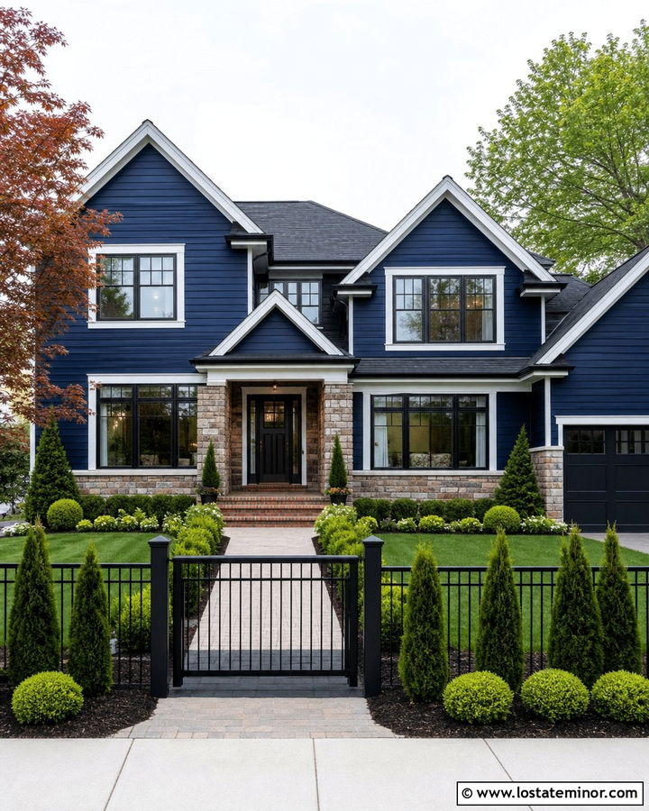 Midnight Blue House With Aluminum Fence - 30 Midnight Blue House Design With Fence Ideas