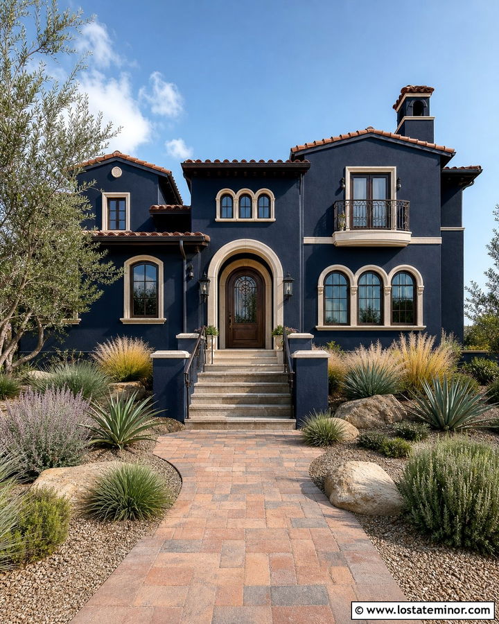 Midnight Blue House With Arched Bronze Storm Door - 30 Midnight Blue House Design With Storm Door Ideas
