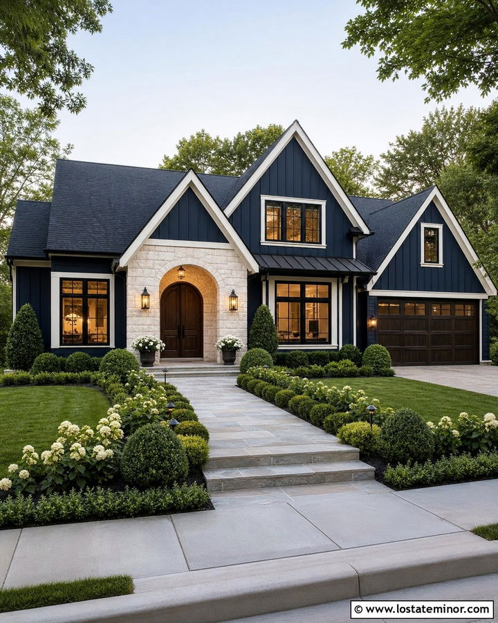 Midnight Blue House With Arched Entry Gable - 30 Midnight Blue House Design With Gables Ideas
