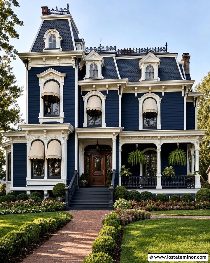 Midnight Blue House With Arched Window Awning - 30 Midnight Blue House Design With Awning Ideas