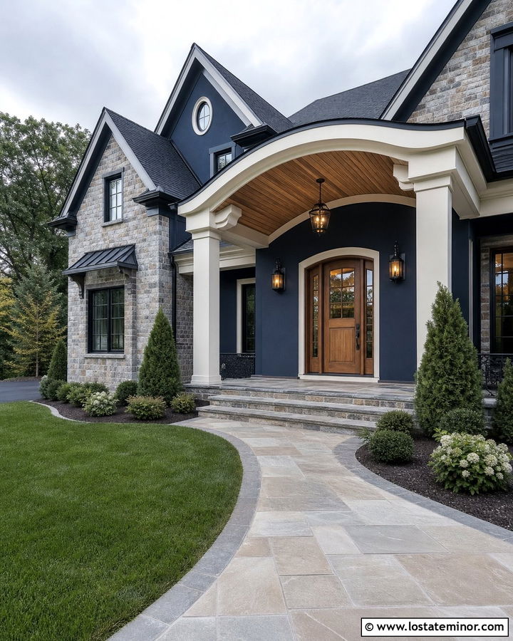 Midnight Blue House With Arched Wood Porch Ceiling - 30 Midnight Blue House Design With Porch Ceiling Ideas