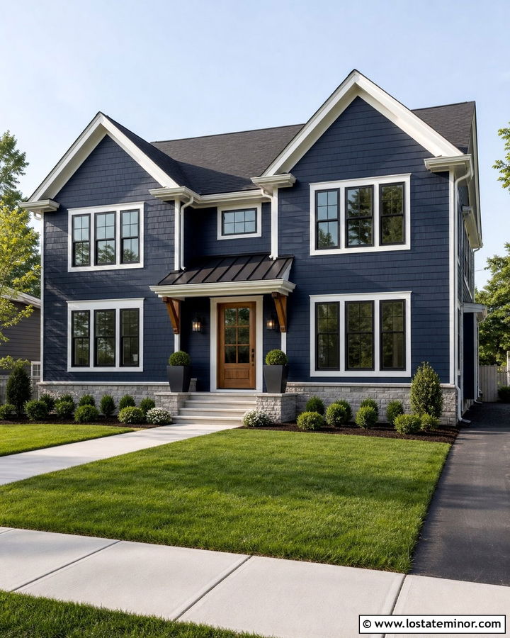 Midnight Blue House With Awning And Natural Wood Door - 30 Midnight Blue House Design With Awning Ideas