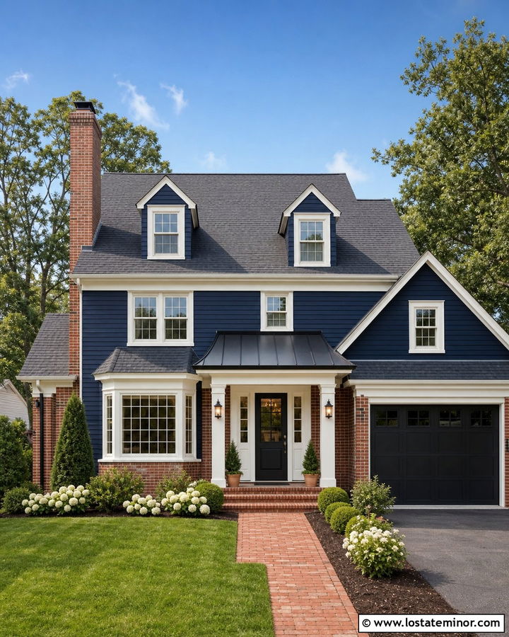 Midnight Blue House With Awning And Red Brick - 30 Midnight Blue House Design With Awning Ideas