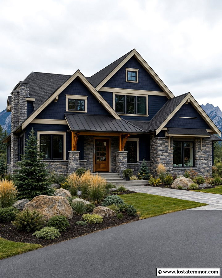 Midnight Blue House With Awning And Stone Siding - 30 Midnight Blue House Design With Awning Ideas