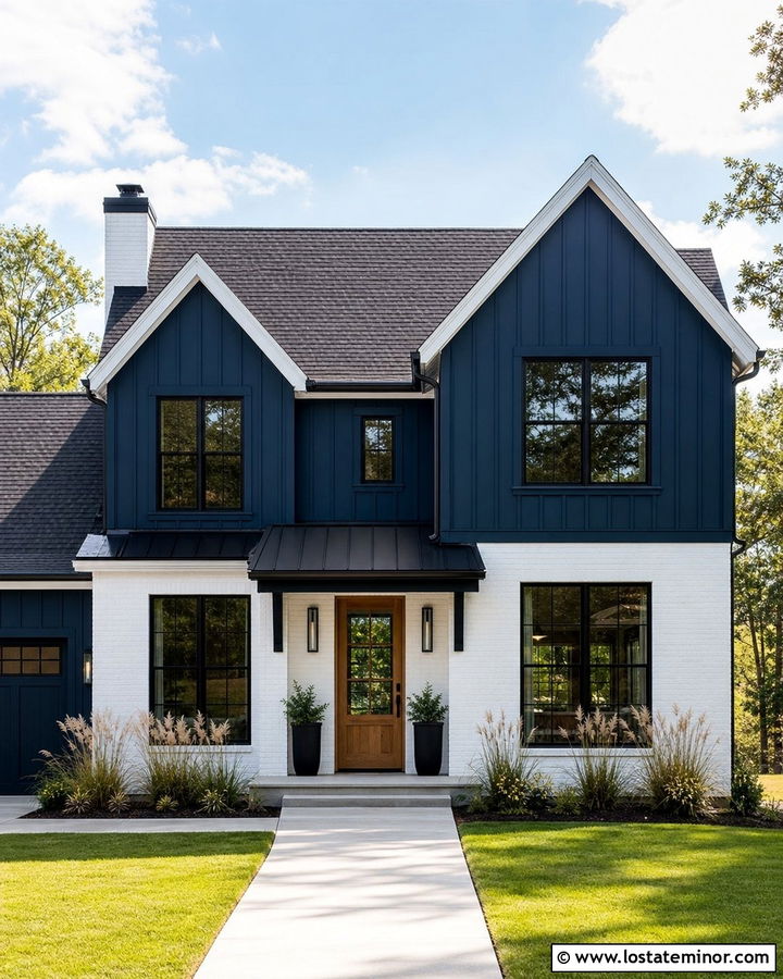 Midnight Blue House With Awning And White Brick - 30 Midnight Blue House Design With Awning Ideas