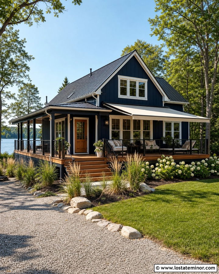 Midnight Blue House With Awning And Wraparound Deck - 30 Midnight Blue House Design With Awning Ideas