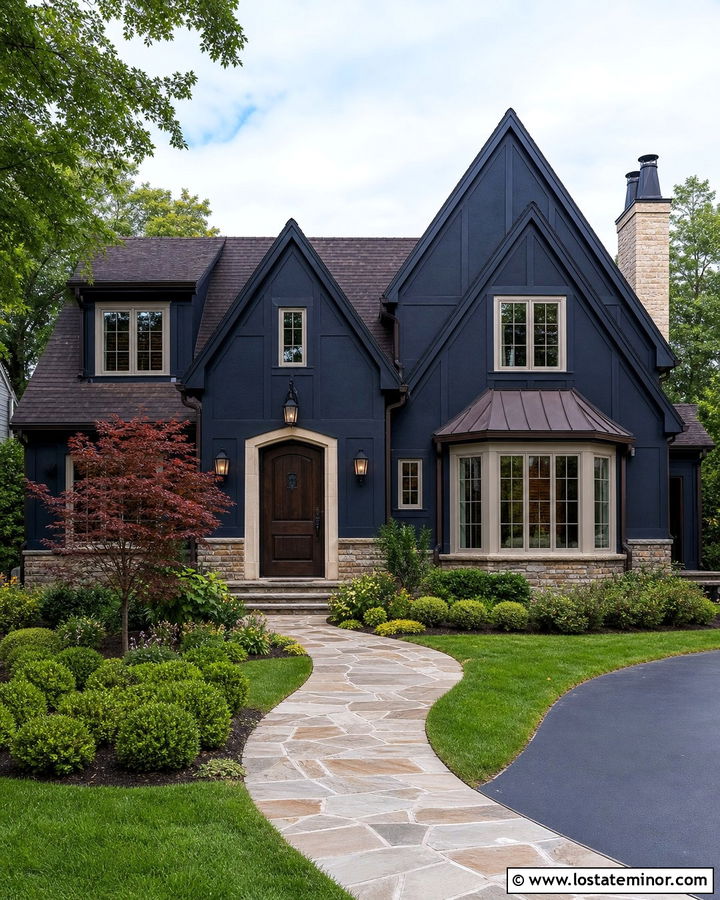 Midnight Blue House With Awning Over Bay Window - 30 Midnight Blue House Design With Awning Ideas