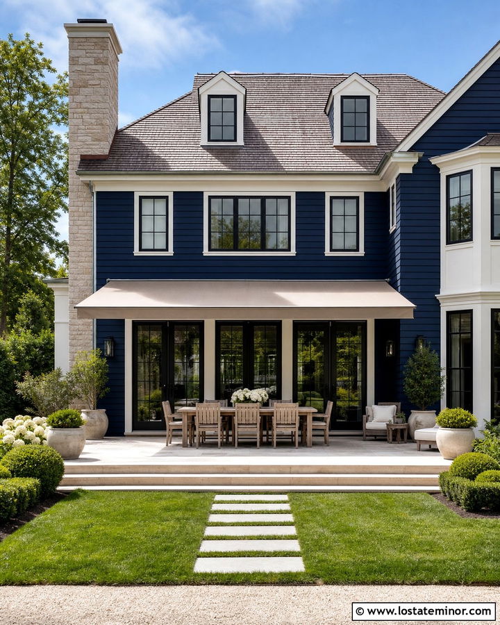 Midnight Blue House With Awning Over French Doors - 30 Midnight Blue House Design With Awning Ideas