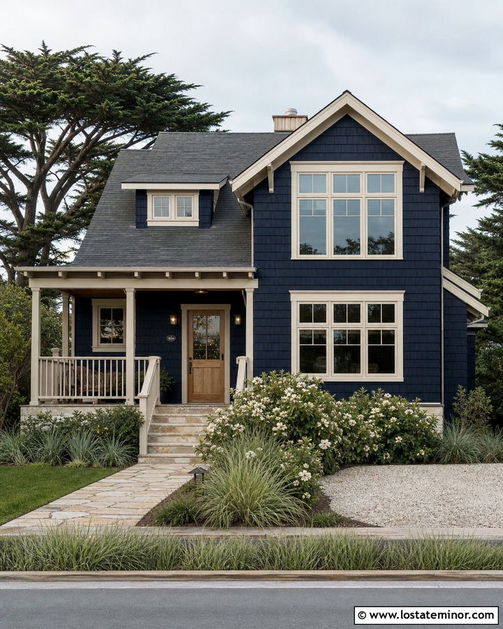Midnight Blue House With Beige Window Frames - 30 Midnight Blue House Design With Window Frames Ideas
