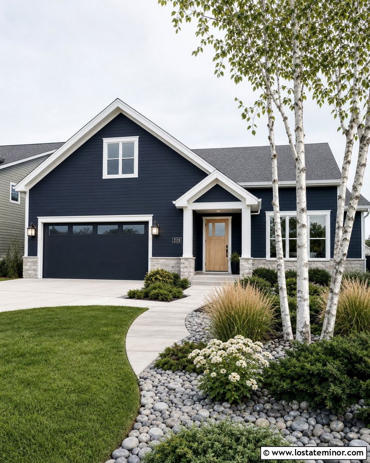 Midnight Blue House With Birch Tree Landscaping - 30 Midnight Blue House Design With Landscaping Ideas