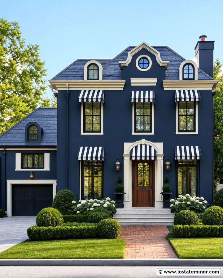 Midnight Blue House With Black And White Awning - 30 Midnight Blue House Design With Awning Ideas
