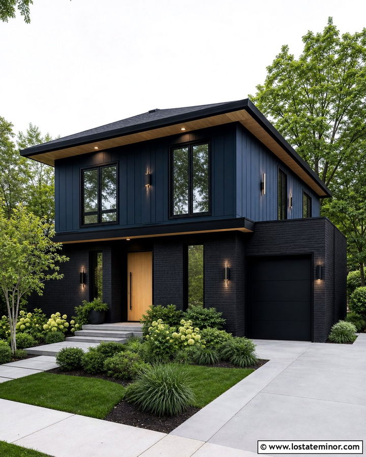Midnight Blue House With Black Brick - 30 Midnight Blue House Design With Brick Accents Ideas