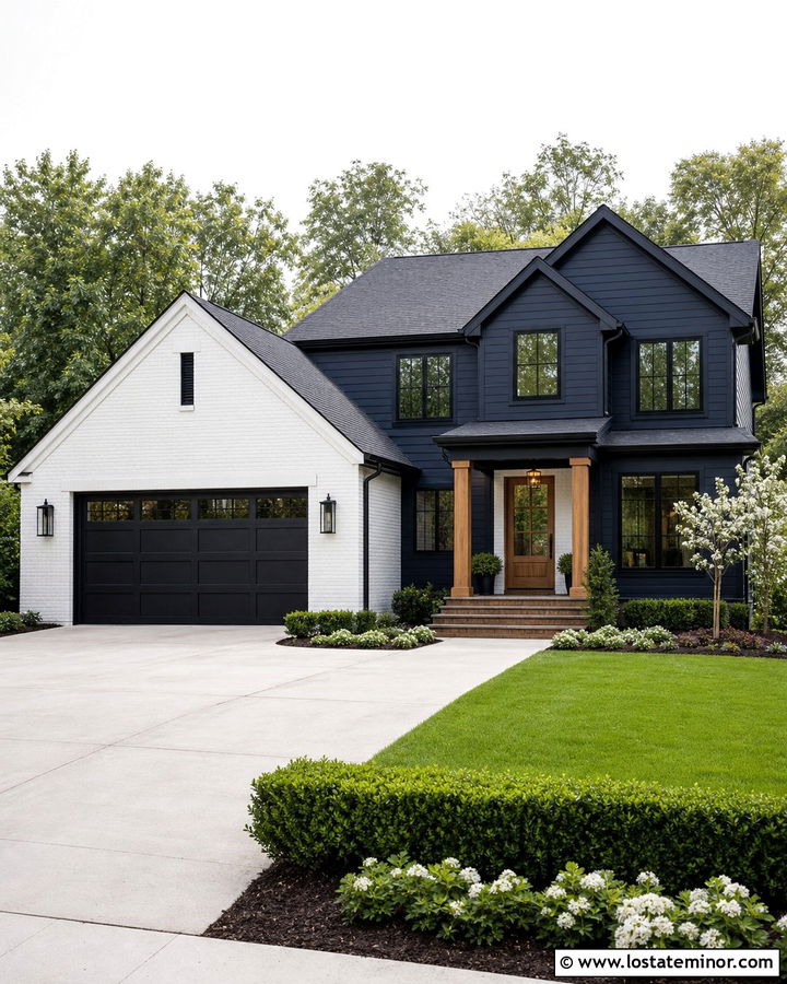 Midnight Blue House With Black Garage And White Brick - 30 Midnight Blue House Design With Garage Door Ideas