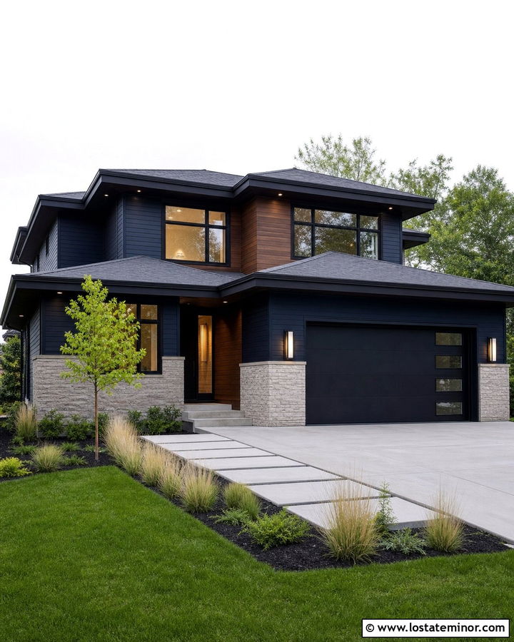 Midnight Blue House With Black Garage Doors - 30 Midnight Blue House Design With Accents Ideas