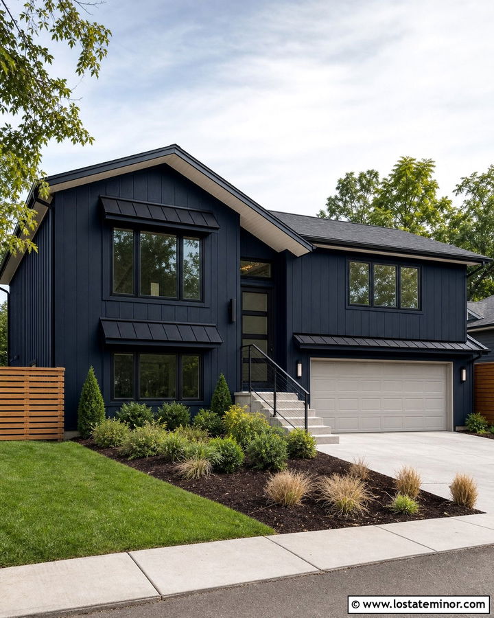 Midnight Blue House With Black Metal Awning - 30 Midnight Blue House Design With Awning Ideas