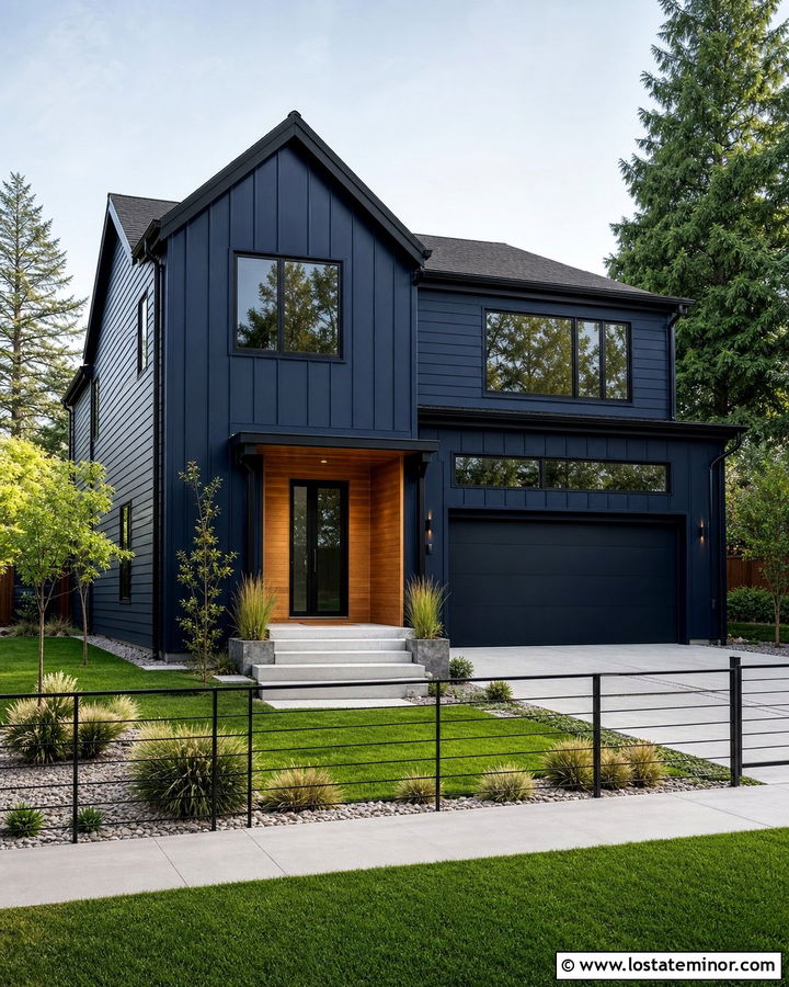 Midnight Blue House With Black Metal Fence - 30 Midnight Blue House Design With Fence Ideas