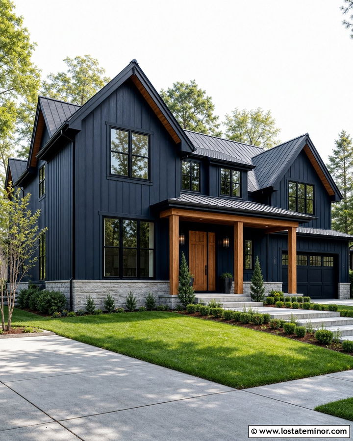 Midnight Blue House With Black Metal Gable Roof - 30 Midnight Blue House Design With Gables Ideas